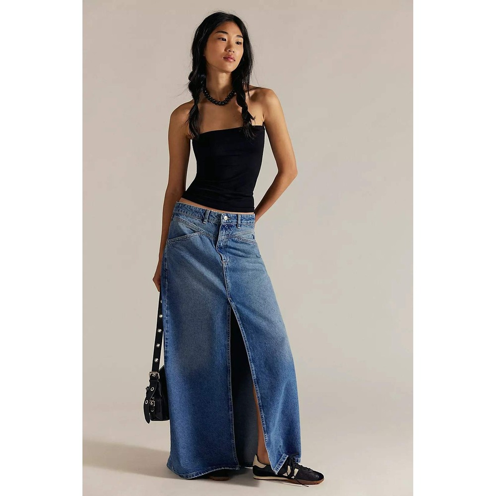 Free People We The Free Come As You Are Maxi Skirt 14 Blue Denim Front Slit Y2K